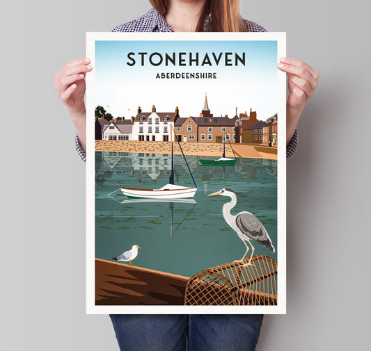 Stonehaven Harbour Print - Heron -Aberdeenshire Travel Poster