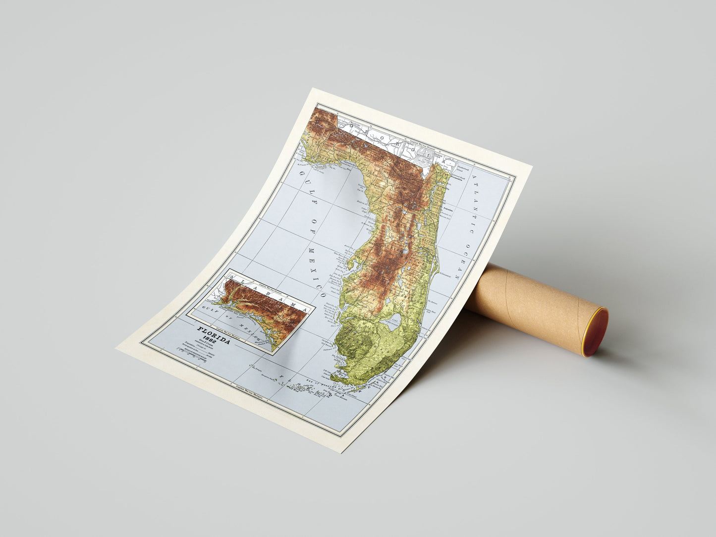 Florida Map - Vintage Style 1882 Elevation Map - 2D Print with 3D effect shaded relief Poster - Florida Poster - USA - United States