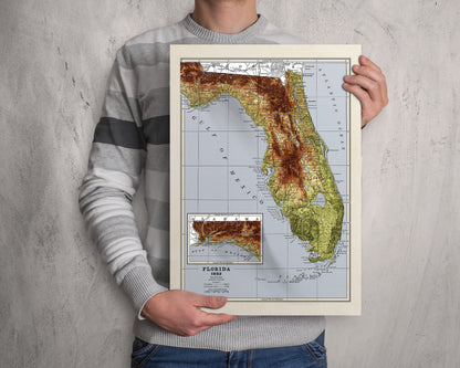 Florida Map - Vintage Style 1882 Elevation Map - 2D Print with 3D effect shaded relief Poster - Florida Poster - USA - United States