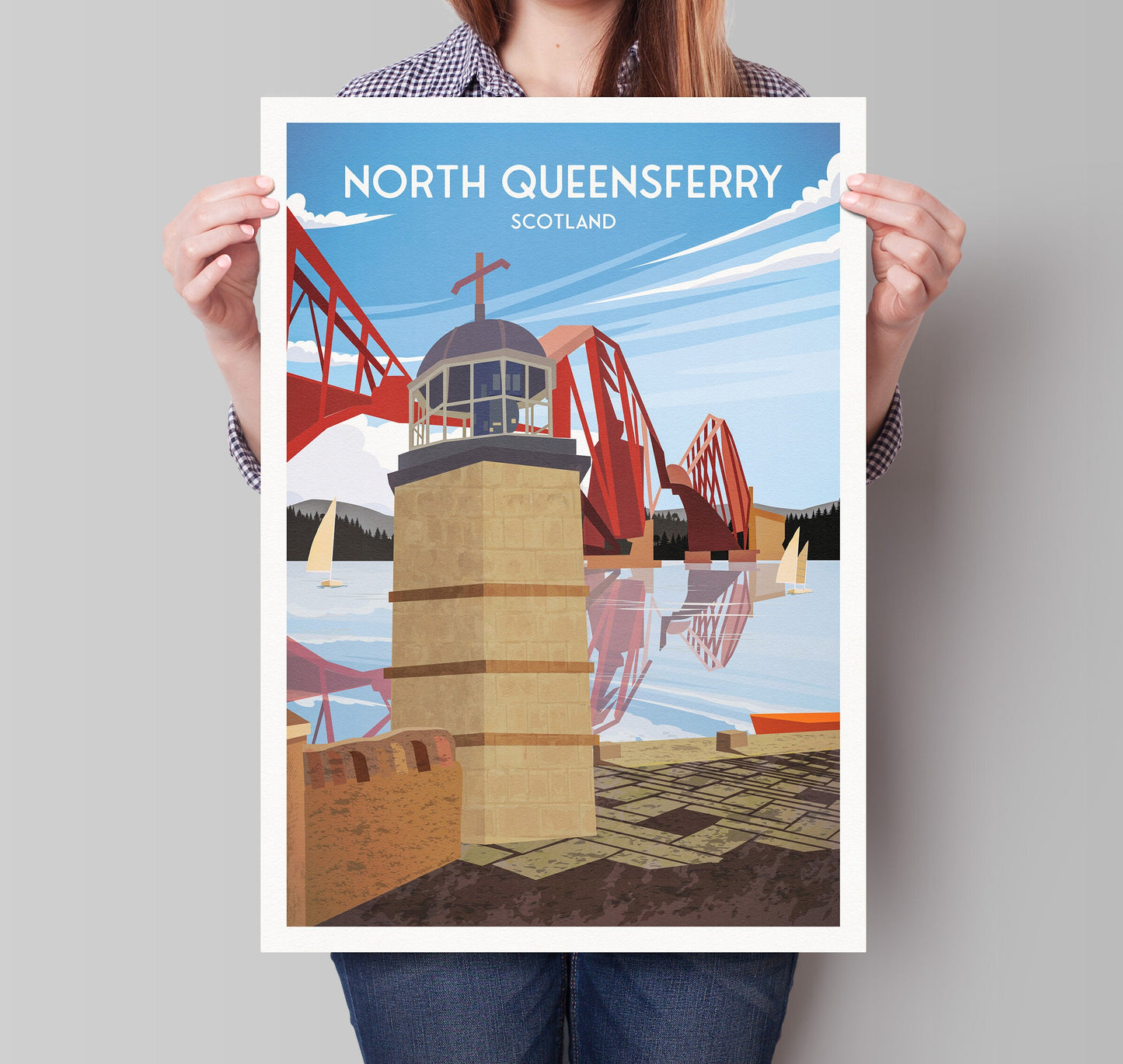 North Queensferry Print featuring the Forth Bridge and Harbour Tower Light- Forth Rail Bridge - Fife Coastal Path - Scottish Travel Poster