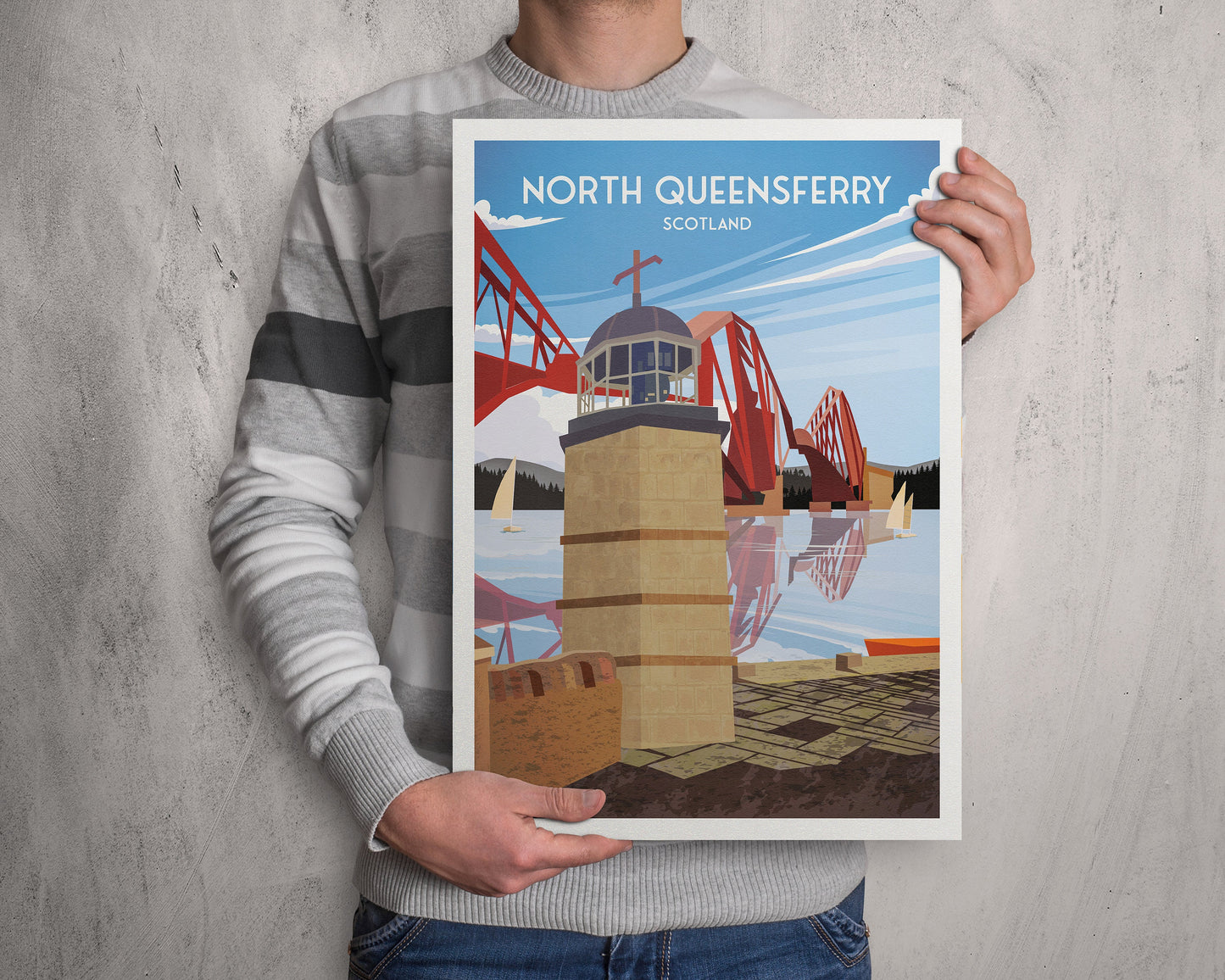 North Queensferry Print featuring the Forth Bridge and Harbour Tower Light- Forth Rail Bridge - Fife Coastal Path - Scottish Travel Poster