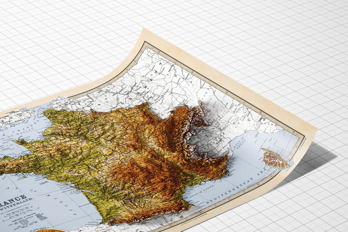 France & Switzerland Map - Elevation Map - 2D Vintage Poster - 3D effect shaded relief Print - Bretagne - Normandie - Pyrenees - Lyon