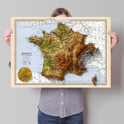 France & Switzerland Map - Elevation Map - 2D Vintage Poster - 3D effect shaded relief Print - Bretagne - Normandie - Pyrenees - Lyon