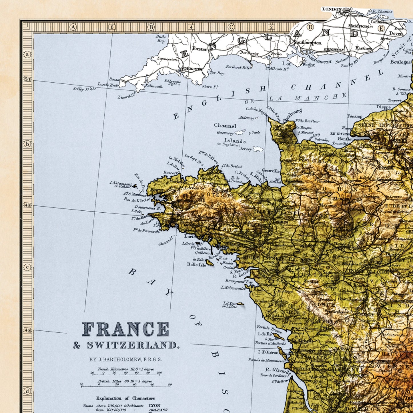 France & Switzerland Map - Elevation Map - 2D Vintage Poster - 3D effect shaded relief Print - Bretagne - Normandie - Pyrenees - Lyon