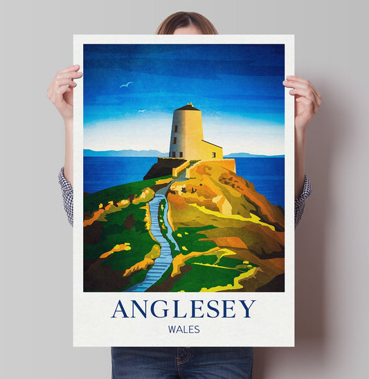 Anglesey Travel Poster | English Coastal Lighthouse Print | Twr Mawr Lighthouse | North Wales | Isle of Anglesey | Vintage Travel Print