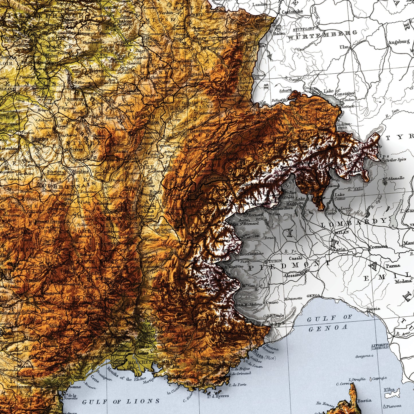 France & Switzerland Map - Elevation Map - 2D Vintage Poster - 3D effect shaded relief Print - Bretagne - Normandie - Pyrenees - Lyon