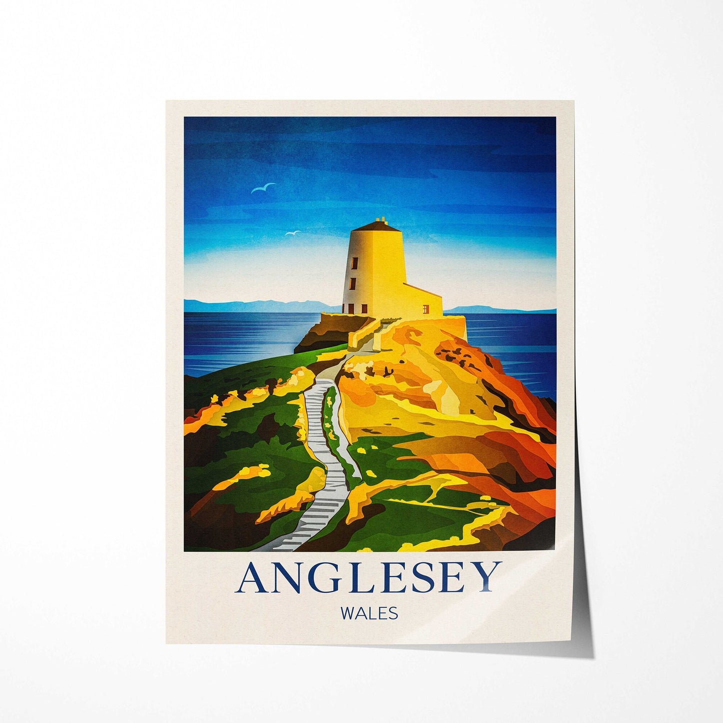 Anglesey Travel Poster | English Coastal Lighthouse Print | Twr Mawr Lighthouse | North Wales | Isle of Anglesey | Vintage Travel Print