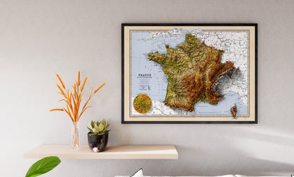 France & Switzerland Map - Elevation Map - 2D Vintage Poster - 3D effect shaded relief Print - Bretagne - Normandie - Pyrenees - Lyon