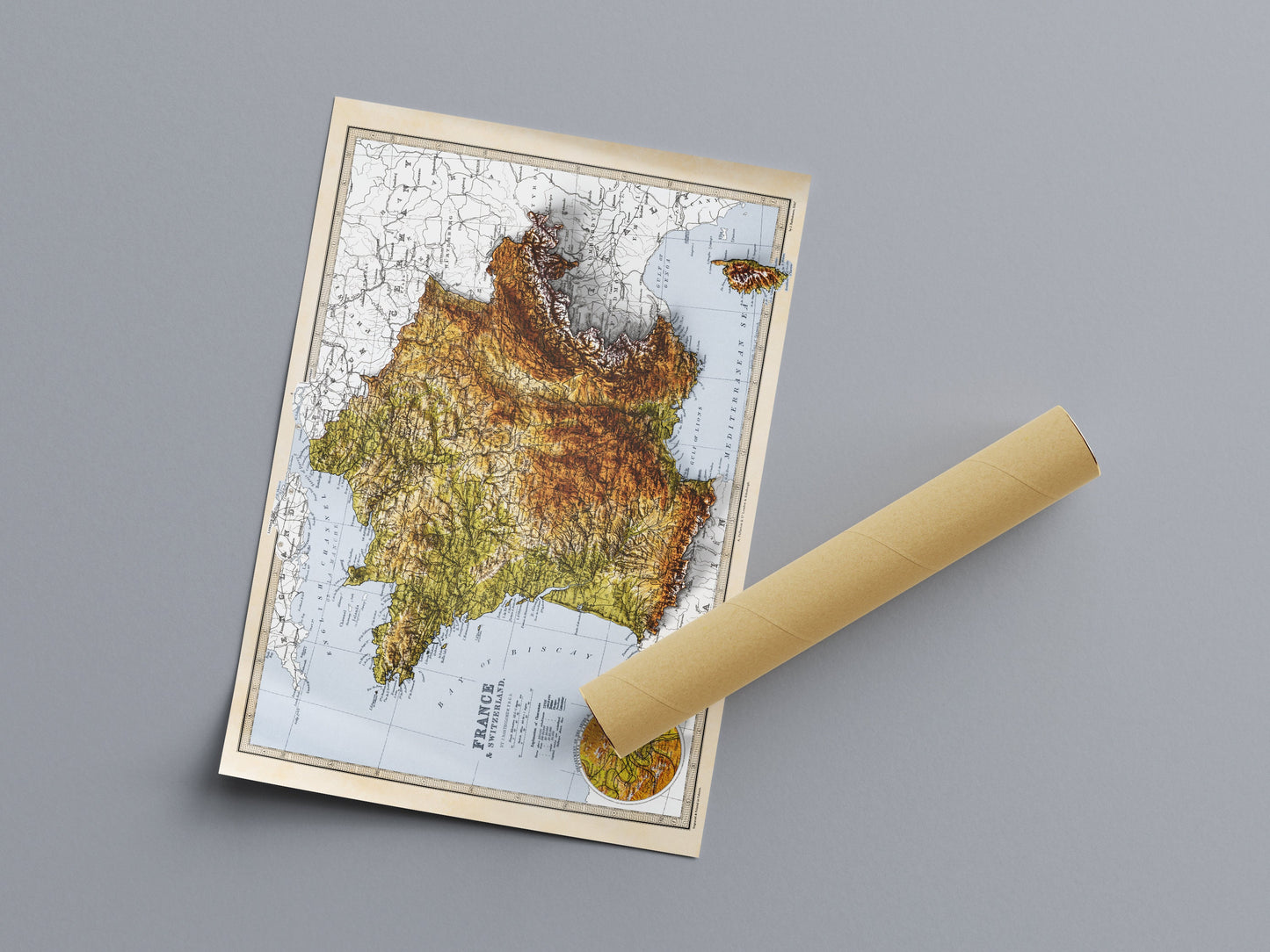 France & Switzerland Map - Elevation Map - 2D Vintage Poster - 3D effect shaded relief Print - Bretagne - Normandie - Pyrenees - Lyon