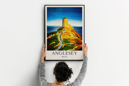 Anglesey Travel Poster | English Coastal Lighthouse Print | Twr Mawr Lighthouse | North Wales | Isle of Anglesey | Vintage Travel Print