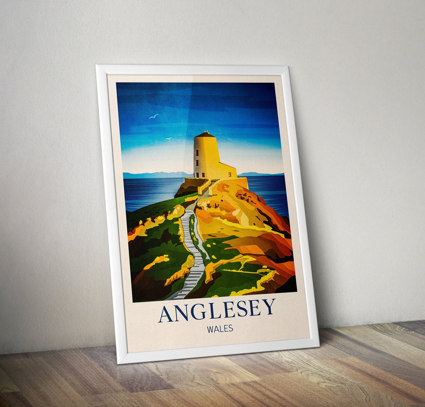 Anglesey Travel Poster | English Coastal Lighthouse Print | Twr Mawr Lighthouse | North Wales | Isle of Anglesey | Vintage Travel Print