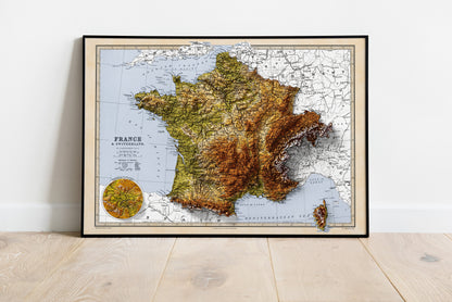 France & Switzerland Map - Elevation Map - 2D Vintage Poster - 3D effect shaded relief Print - Bretagne - Normandie - Pyrenees - Lyon