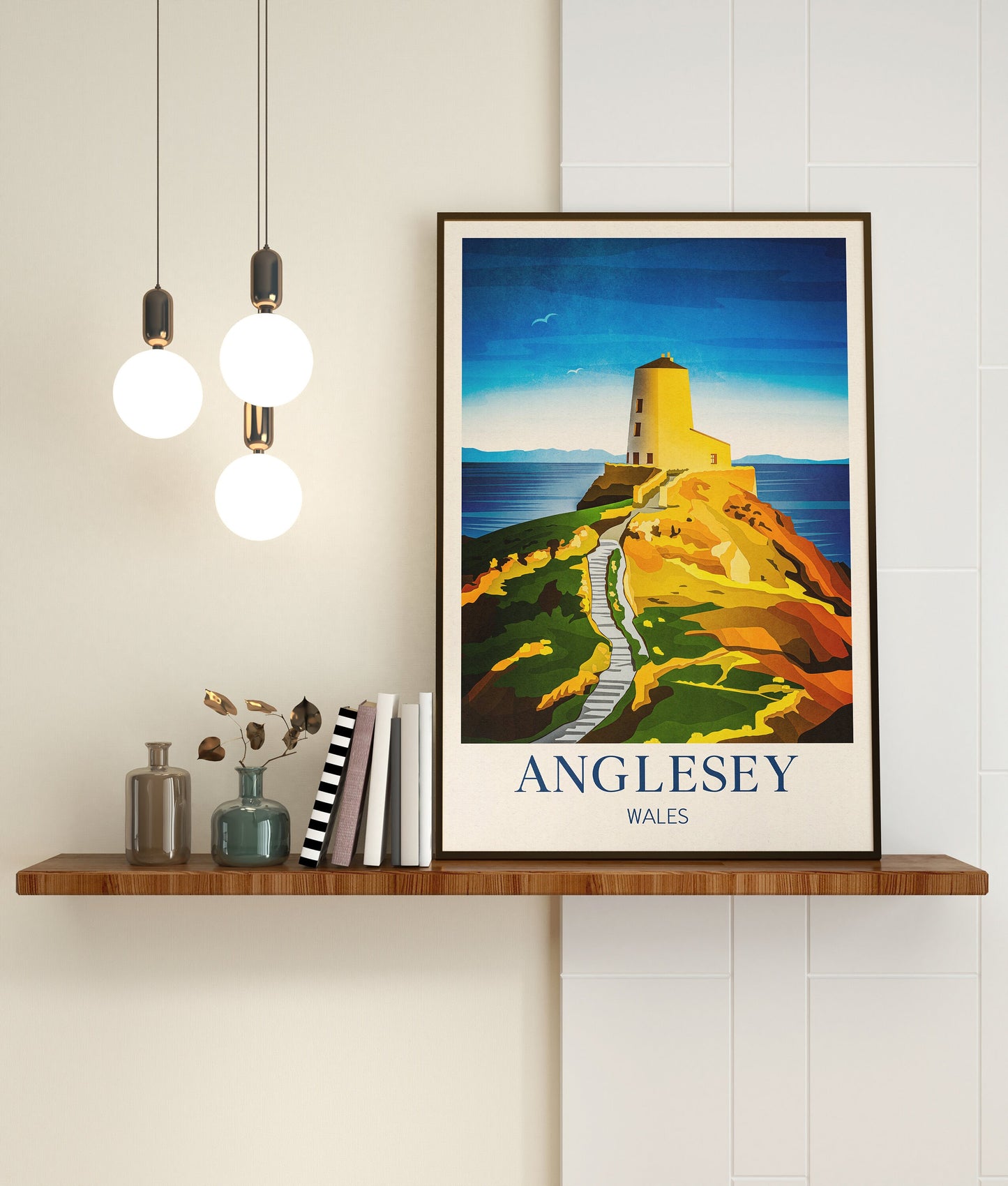 Anglesey Travel Poster | English Coastal Lighthouse Print | Twr Mawr Lighthouse | North Wales | Isle of Anglesey | Vintage Travel Print