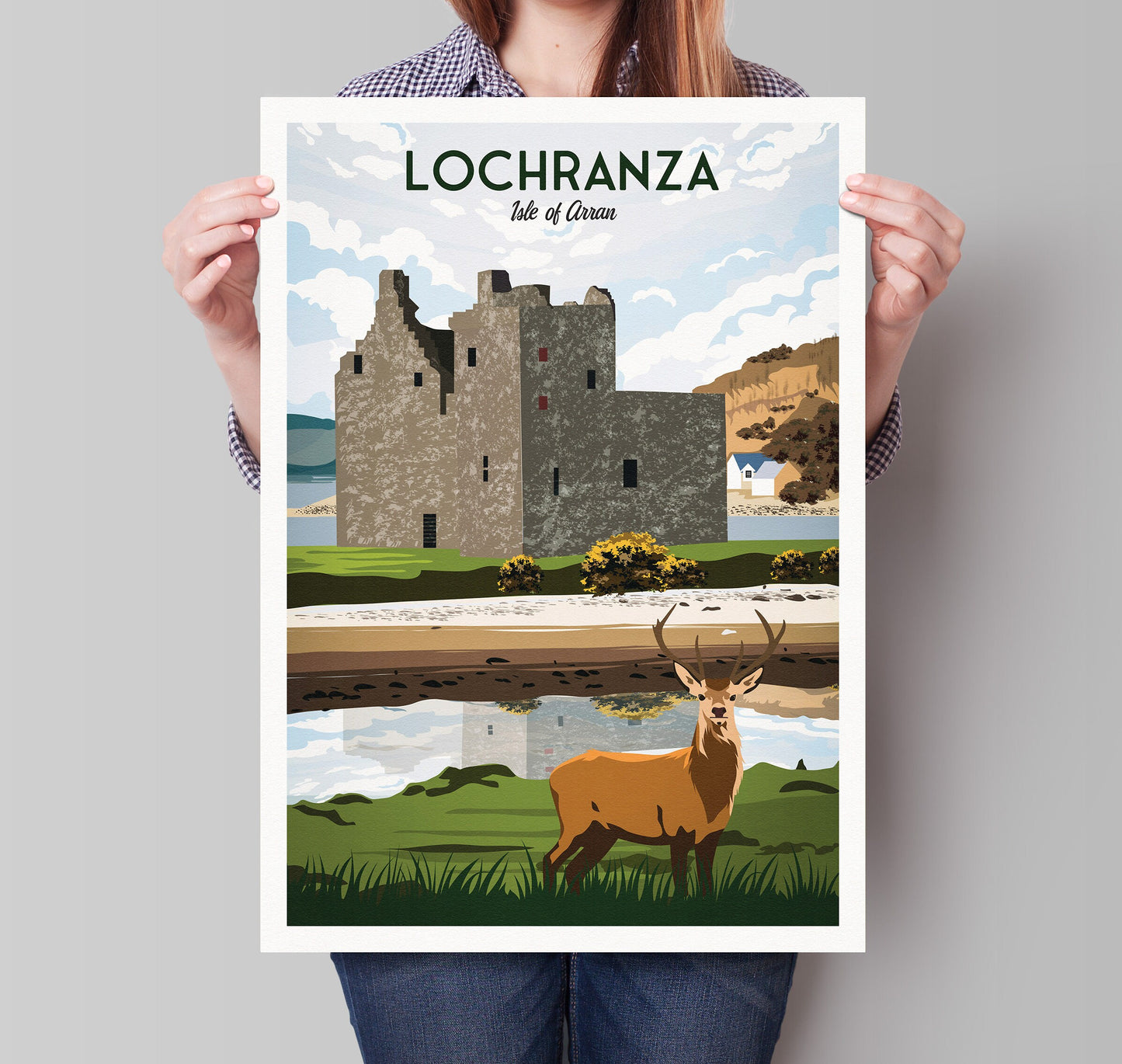 Lochranza Print - Travel Poster - Lochranza Castle - Isle of Arran - Stag - Scottish Wall Art - Scotland Gift