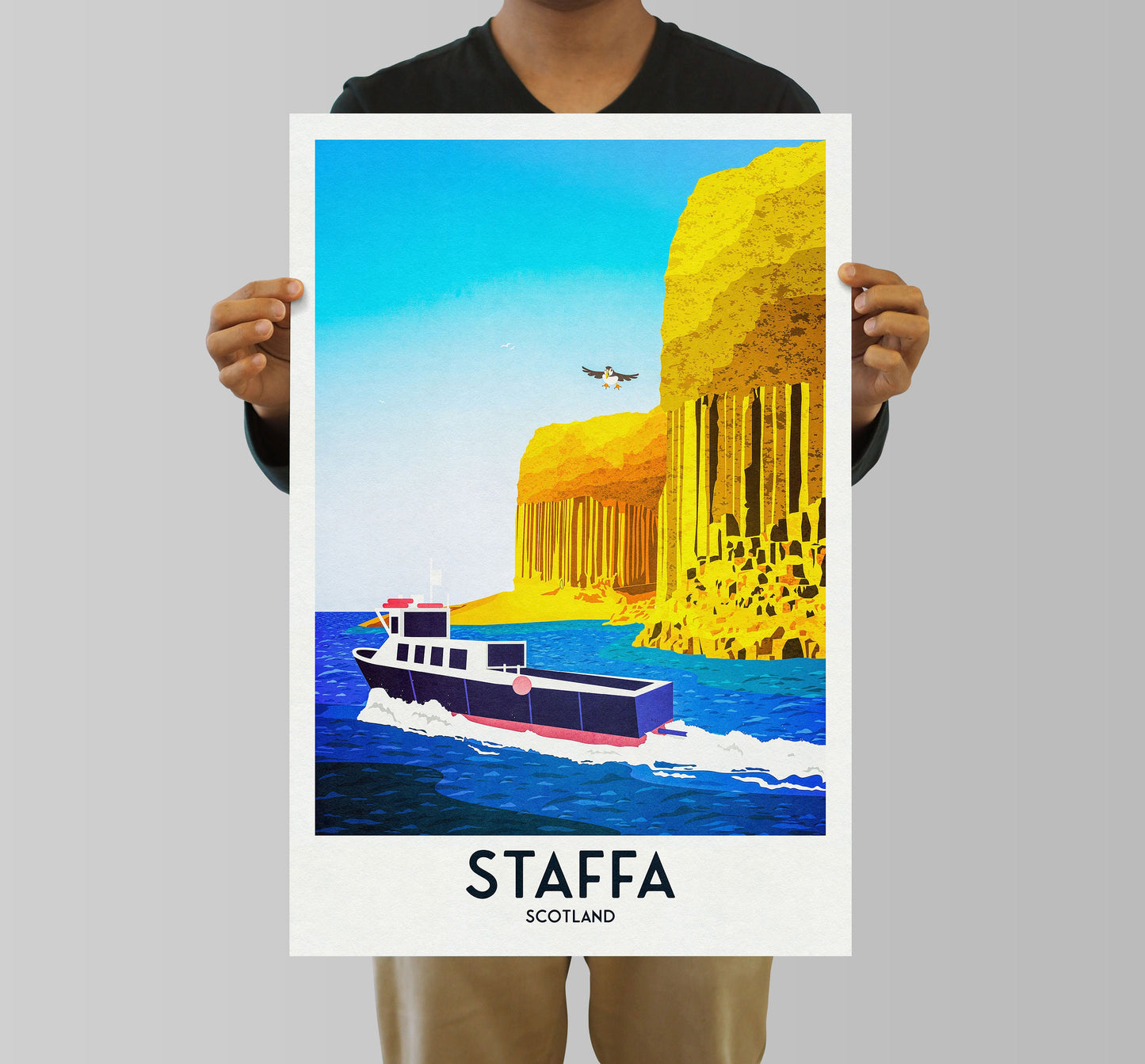 Staffa Travel Poster - Puffin Print - Fingal's Cave - Hebrides Illustration - Scottish Art