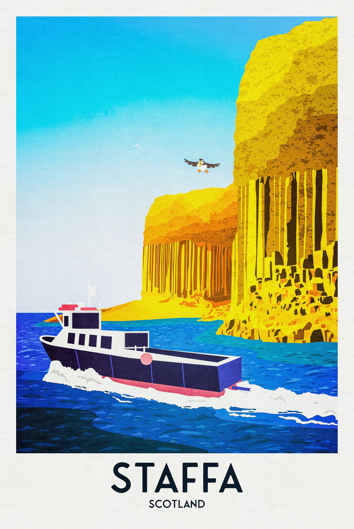 Staffa Travel Poster - Puffin Print - Fingal's Cave - Hebrides Illustration - Scottish Art