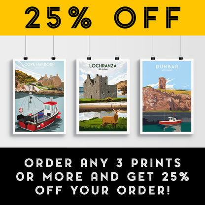 Lochranza Print - Travel Poster - Lochranza Castle - Isle of Arran - Stag - Scottish Wall Art - Scotland Gift