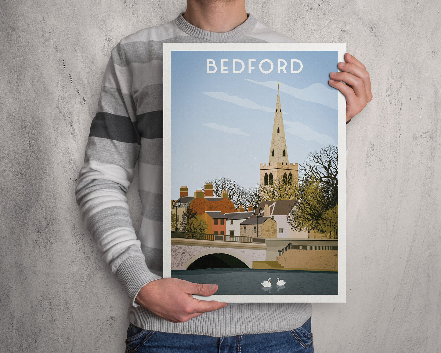 Bedford Town Bridge - Travel Poster - Swans - English Wall Art - England Gift