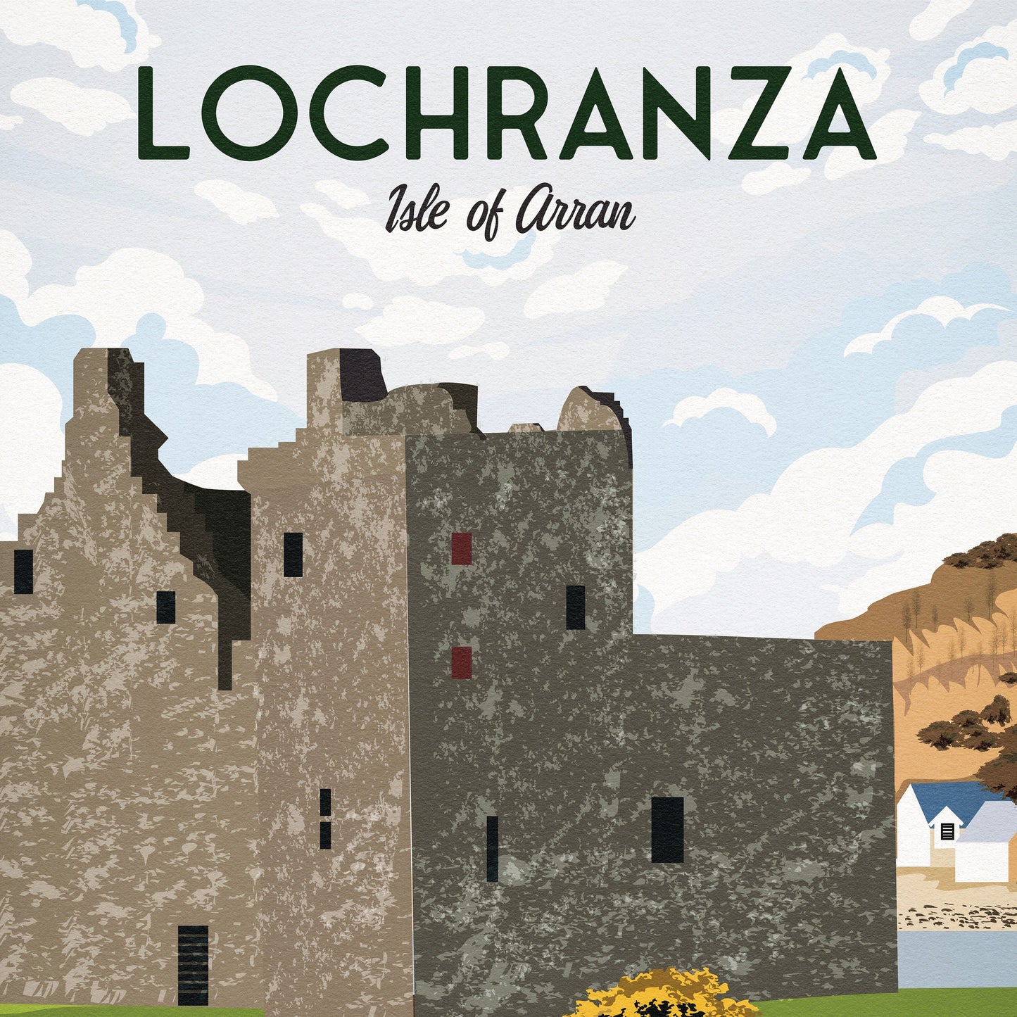 Lochranza Print - Travel Poster - Lochranza Castle - Isle of Arran - Stag - Scottish Wall Art - Scotland Gift