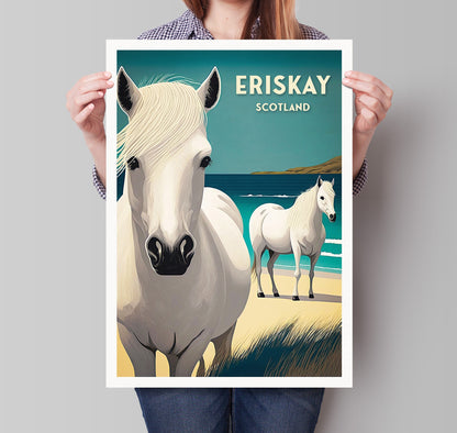 Eriskay Print - Travel Poster - Eriskay Ponies -  Outer Hebrides Wall Art