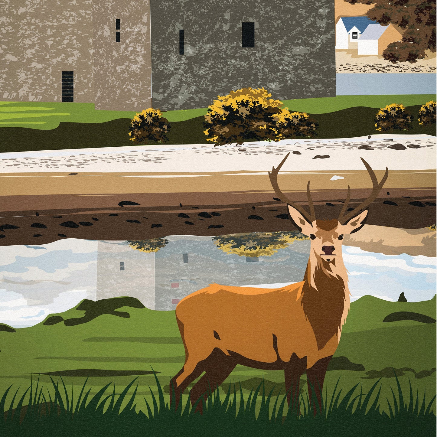 Lochranza Print - Travel Poster - Lochranza Castle - Isle of Arran - Stag - Scottish Wall Art - Scotland Gift