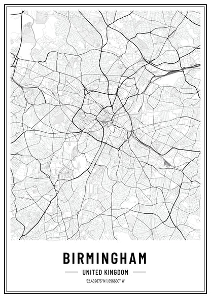 Birmingham Map Art Print - Vintage / Retro / Minimal - Birmingham Poster,Birmingham Art,Modern Map Print, Map of Birmingham,free UK delivery