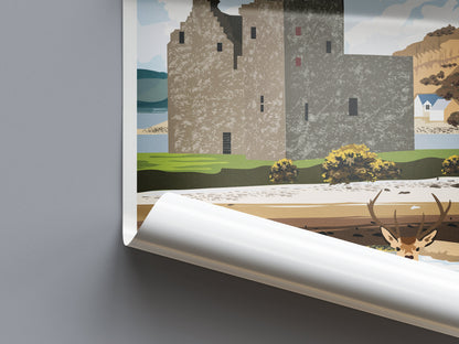 Lochranza Print - Travel Poster - Lochranza Castle - Isle of Arran - Stag - Scottish Wall Art - Scotland Gift