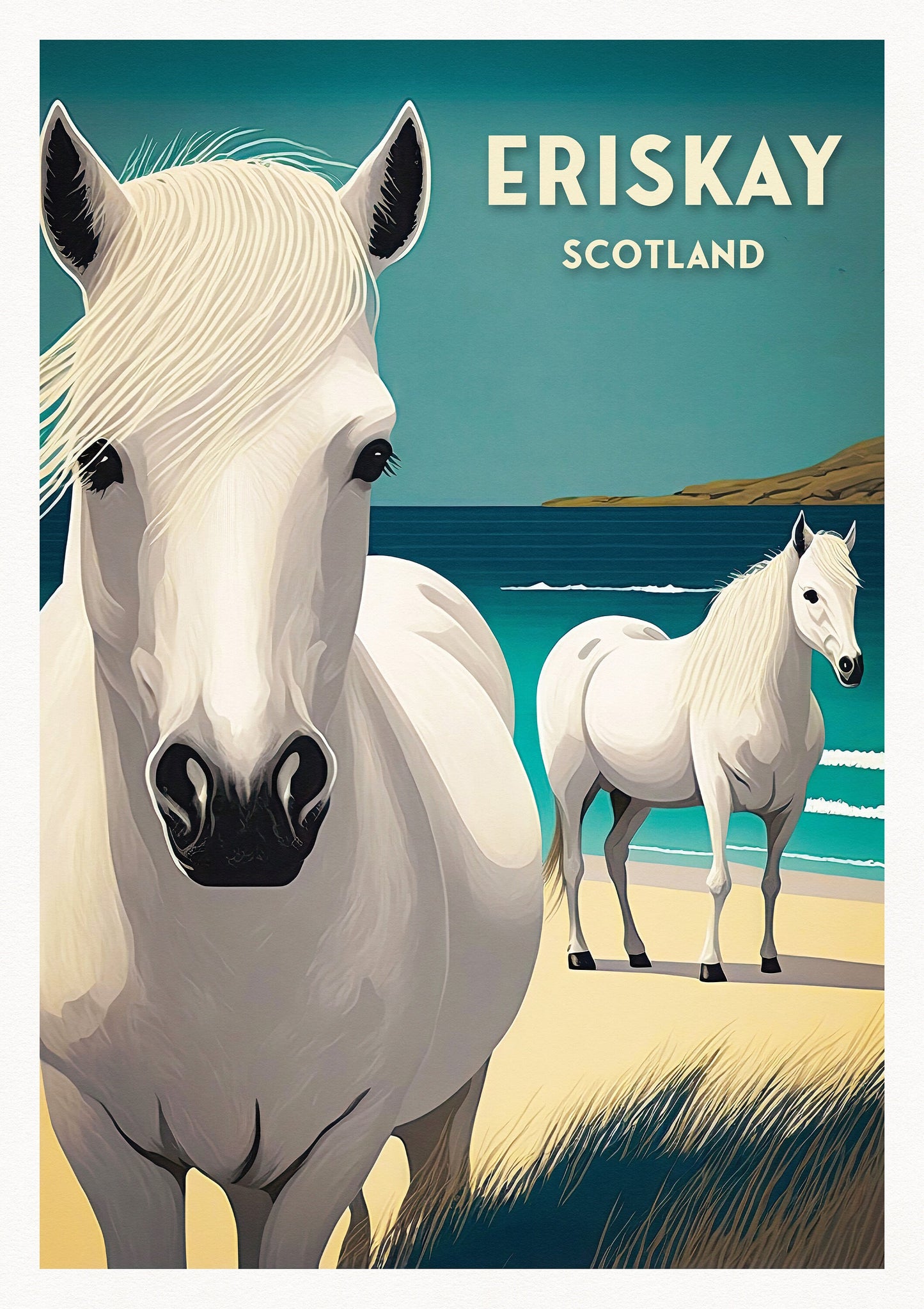 Eriskay Print - Travel Poster - Eriskay Ponies -  Outer Hebrides Wall Art