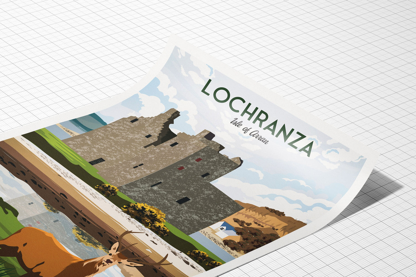 Lochranza Print - Travel Poster - Lochranza Castle - Isle of Arran - Stag - Scottish Wall Art - Scotland Gift