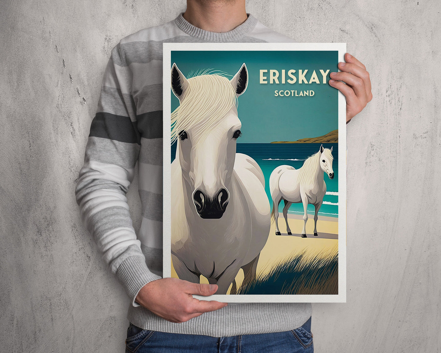 Eriskay Print - Travel Poster - Eriskay Ponies -  Outer Hebrides Wall Art