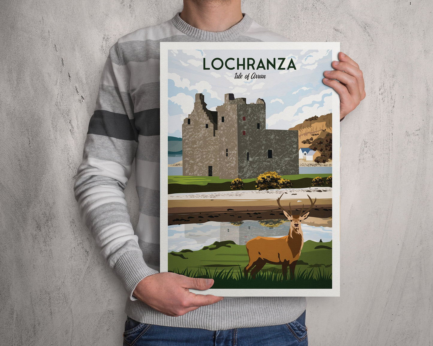 Lochranza Print - Travel Poster - Lochranza Castle - Isle of Arran - Stag - Scottish Wall Art - Scotland Gift