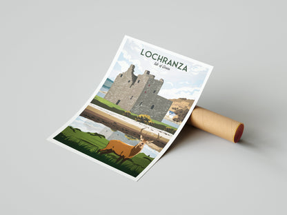 Lochranza Print - Travel Poster - Lochranza Castle - Isle of Arran - Stag - Scottish Wall Art - Scotland Gift