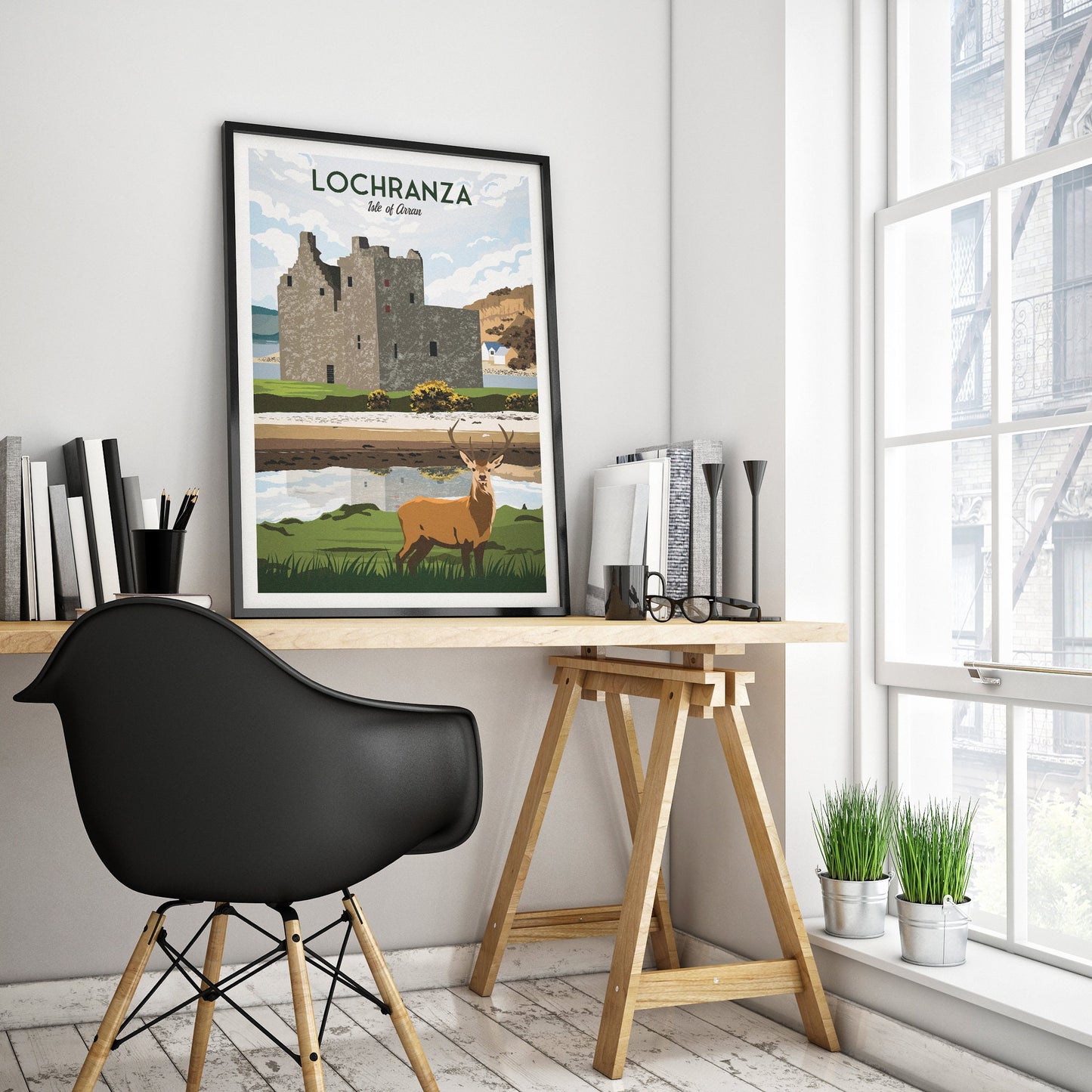 Lochranza Print - Travel Poster - Lochranza Castle - Isle of Arran - Stag - Scottish Wall Art - Scotland Gift