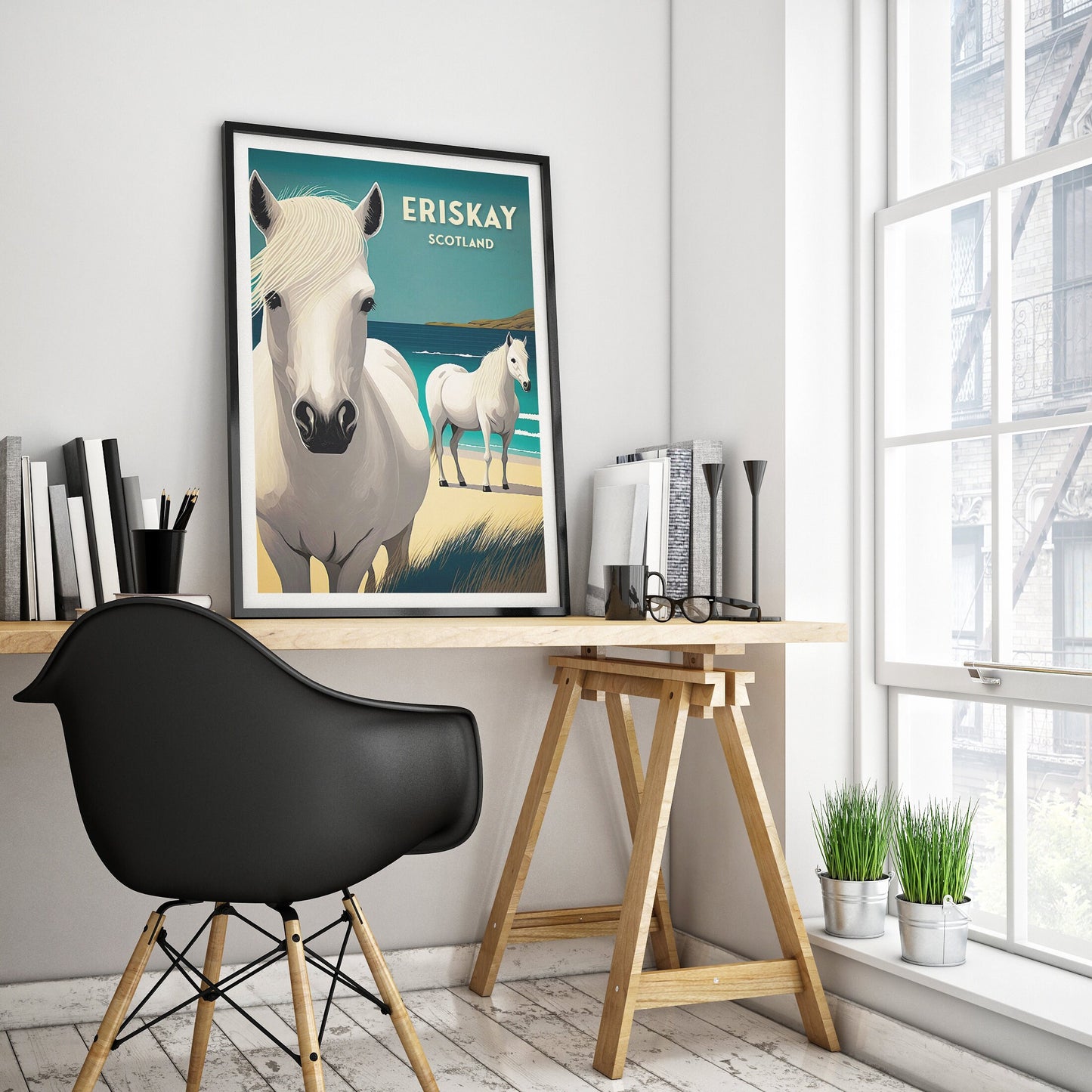 Eriskay Print - Travel Poster - Eriskay Ponies -  Outer Hebrides Wall Art