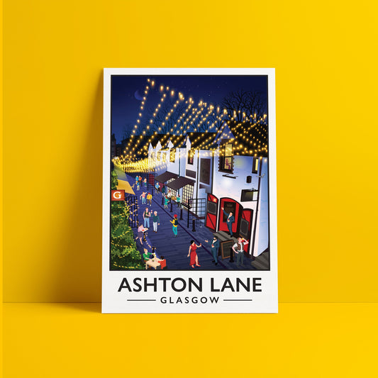 Ashton Lane Print - Glasgow West End Poster -  Busy street illustration - Scottish Art