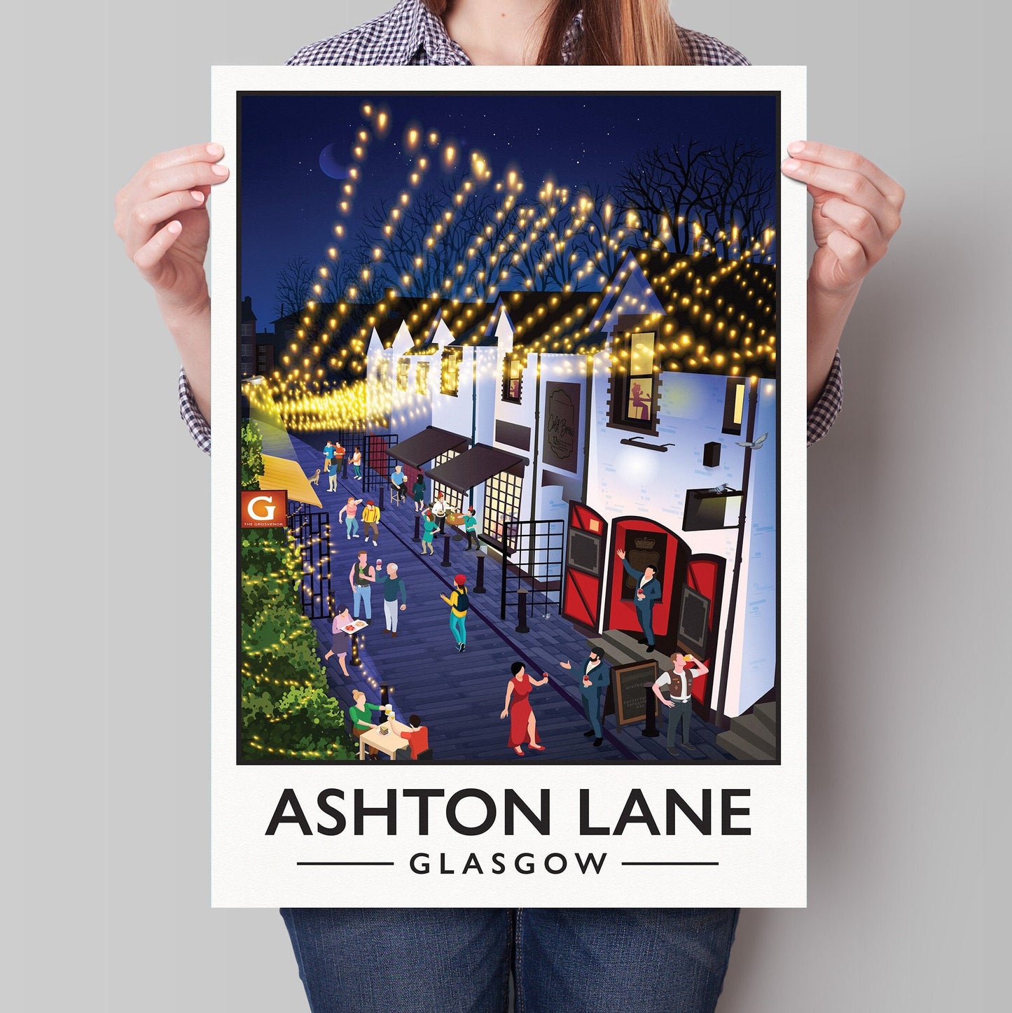 Ashton Lane Print - Glasgow West End Poster -  Busy street illustration - Scottish Art