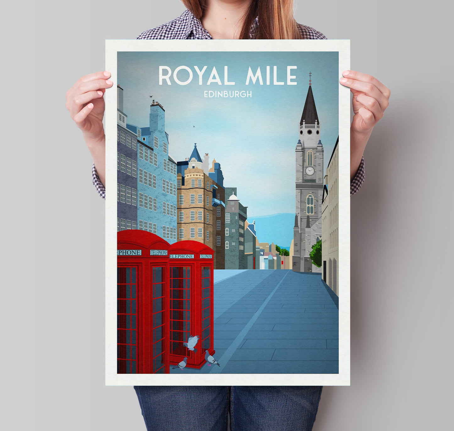 Royal Mile Travel Art Print, Edinburgh Poster, Scottish Wall Art, Red Telephone box, Old Town