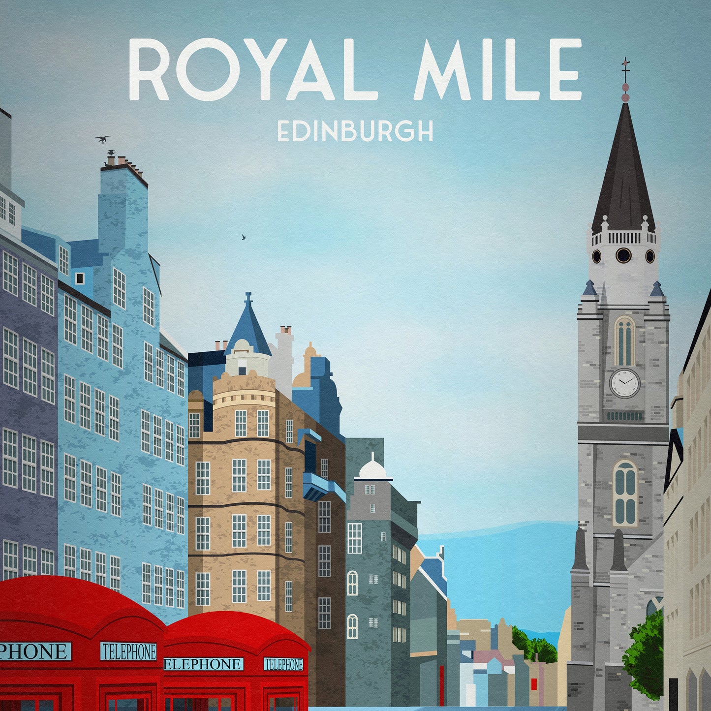 Royal Mile Travel Art Print, Edinburgh Poster, Scottish Wall Art, Red Telephone box, Old Town