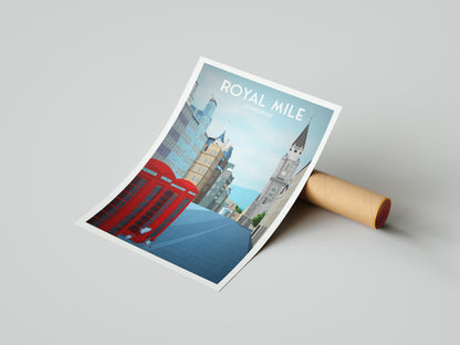 Royal Mile Travel Art Print, Edinburgh Poster, Scottish Wall Art, Red Telephone box, Old Town