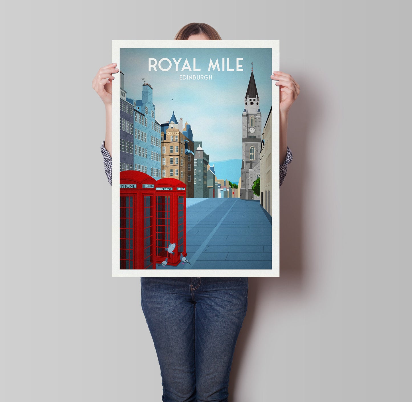 Royal Mile Travel Art Print, Edinburgh Poster, Scottish Wall Art, Red Telephone box, Old Town