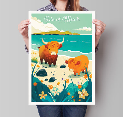 Whimsical Highland Cows on the Isle of Muck - Travel Poster - Scottish Coastal Illustration Print - Scottish Wall Art - Poster - Highlands