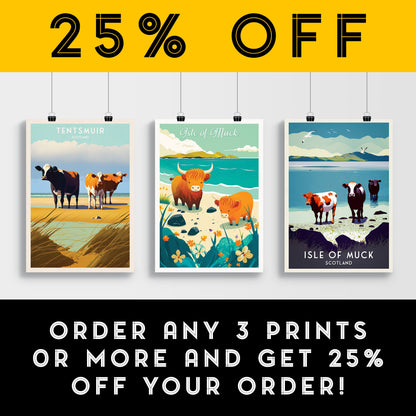 Whimsical Highland Cows on the Isle of Muck - Travel Poster - Scottish Coastal Illustration Print - Scottish Wall Art - Poster - Highlands