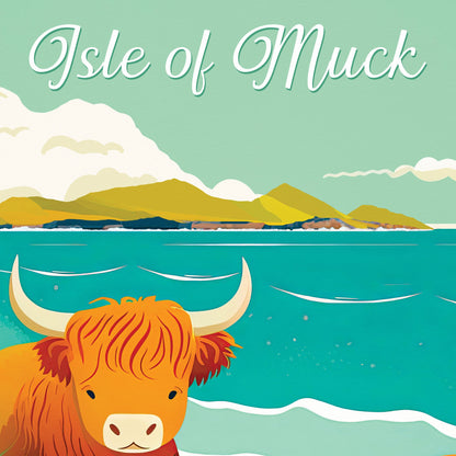 Whimsical Highland Cows on the Isle of Muck - Travel Poster - Scottish Coastal Illustration Print - Scottish Wall Art - Poster - Highlands