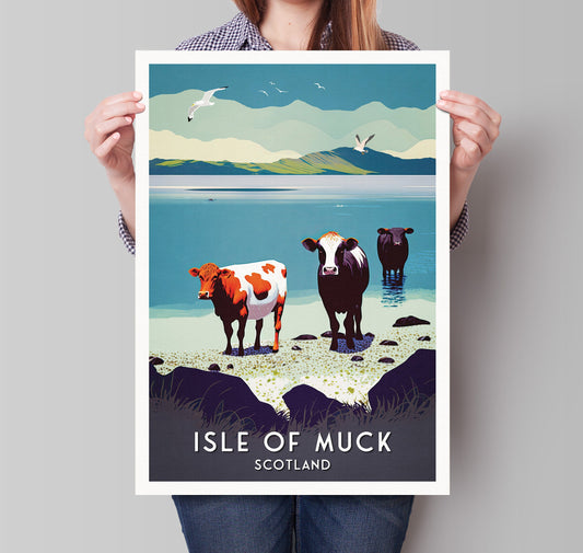 Cows on the Beach, Isle of Muck - Scottish Countryside Illustration Print - Scottish Wall Art - Poster - Highlands