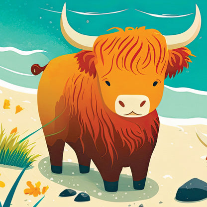 Whimsical Highland Cows on the Isle of Muck - Travel Poster - Scottish Coastal Illustration Print - Scottish Wall Art - Poster - Highlands