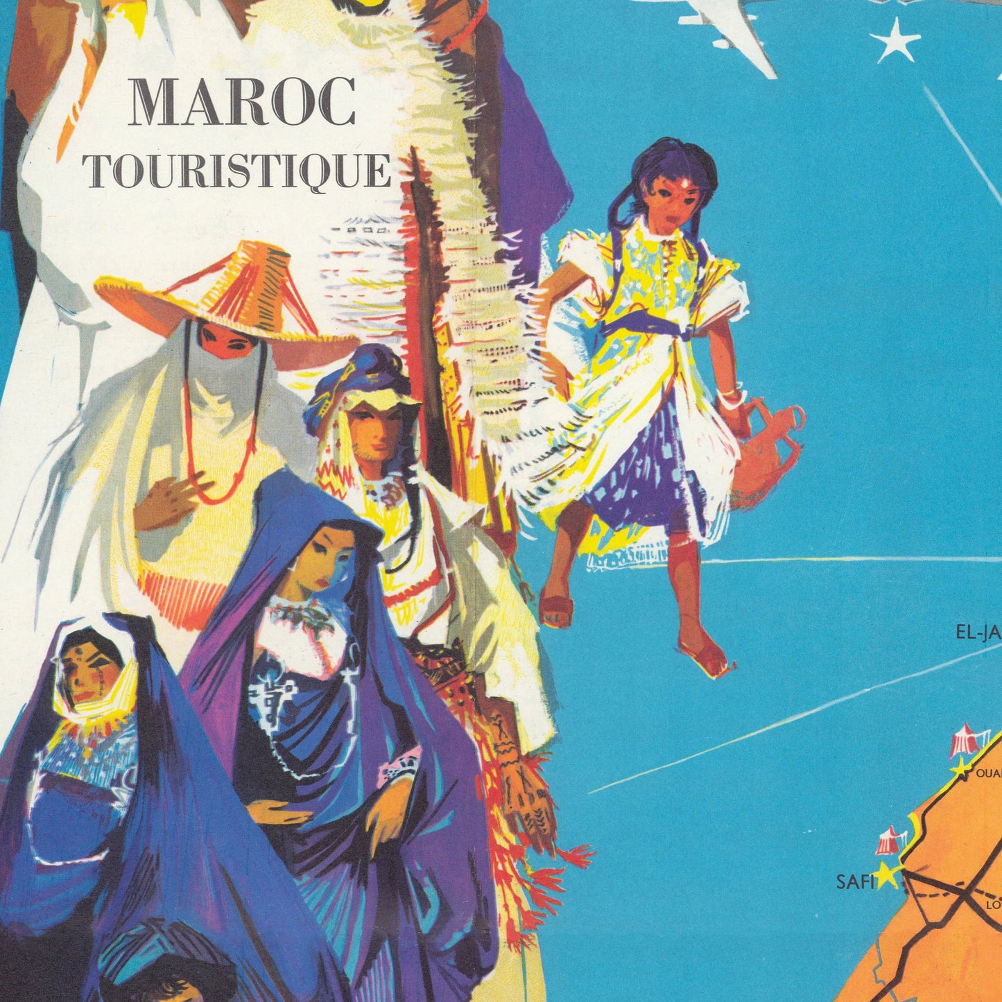 Morocco Map - Old Print of Maroc Touristique - Mattakech - Agadir - Essaouira  - Casablanca - Rabat - Kenitra - Meknes - Taza - Tanger