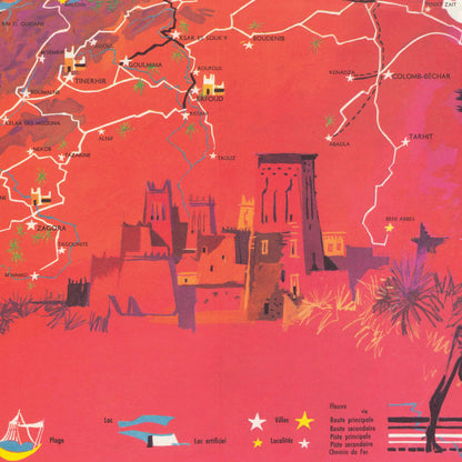 Morocco Map - Old Print of Maroc Touristique - Mattakech - Agadir - Essaouira  - Casablanca - Rabat - Kenitra - Meknes - Taza - Tanger