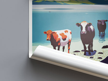 Cows on the Beach, Isle of Muck - Scottish Countryside Illustration Print - Scottish Wall Art - Poster - Highlands