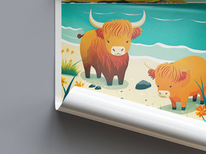 Whimsical Highland Cows on the Isle of Muck - Travel Poster - Scottish Coastal Illustration Print - Scottish Wall Art - Poster - Highlands