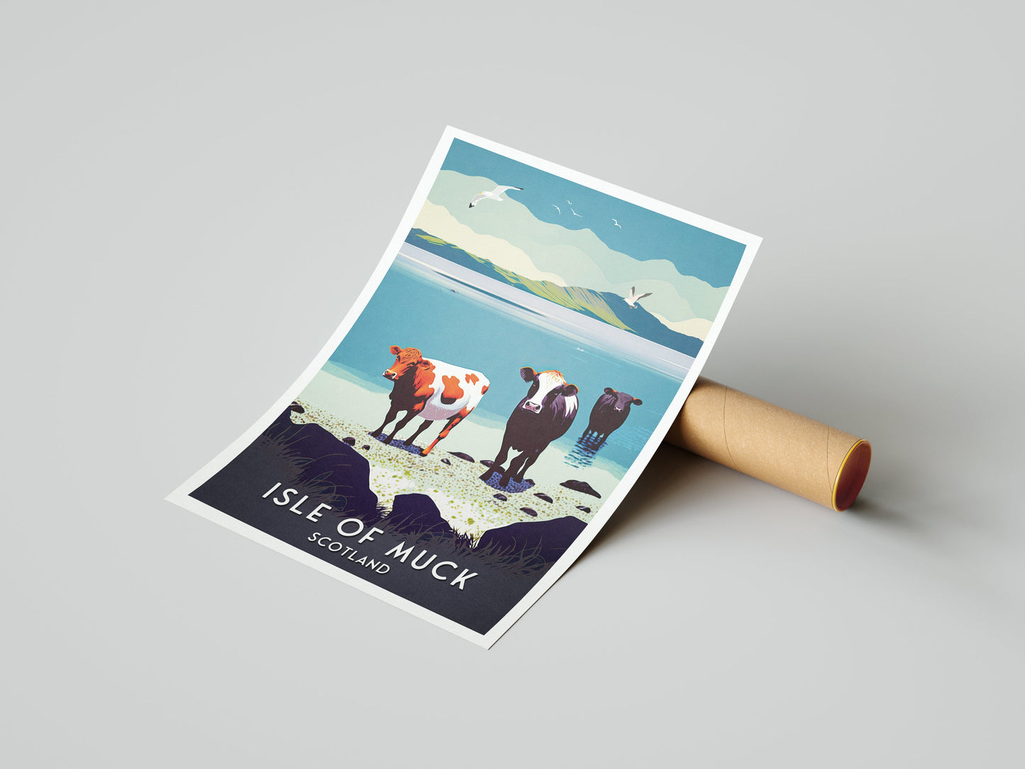 Cows on the Beach, Isle of Muck - Scottish Countryside Illustration Print - Scottish Wall Art - Poster - Highlands